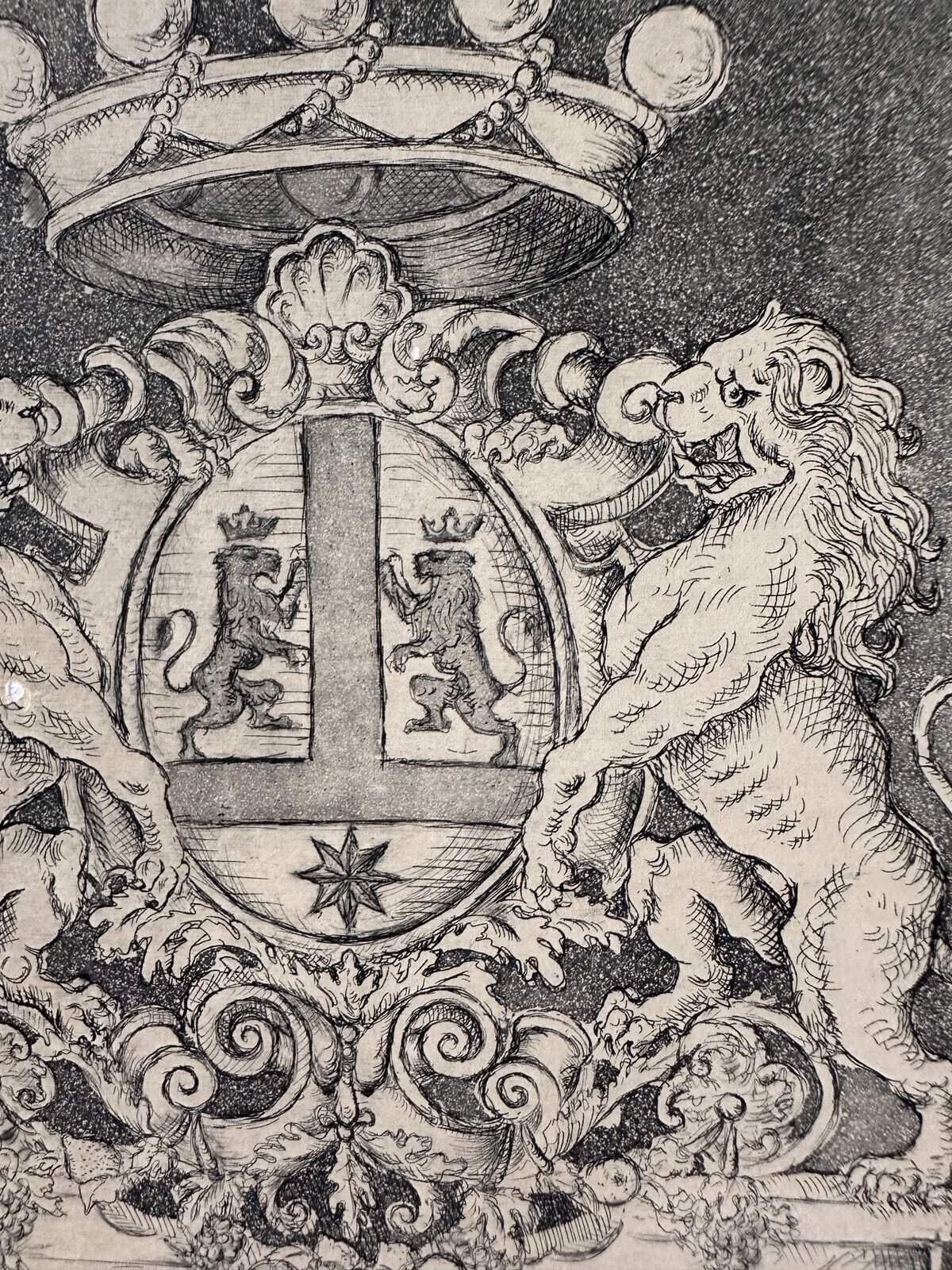 Etching of a coat of arms, detail