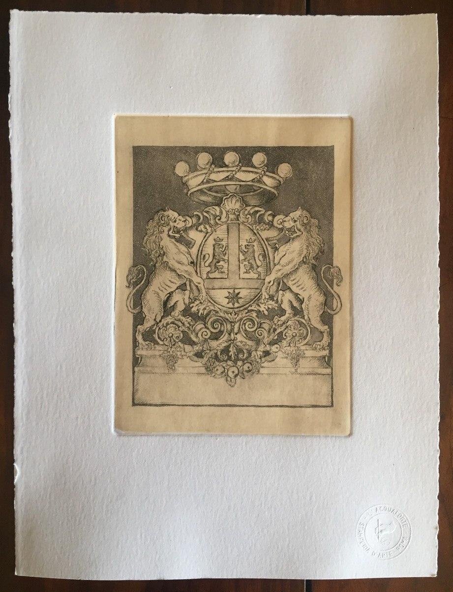 Etching of a coat of arms with two lions