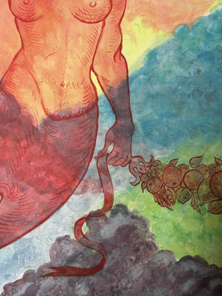 Luna, detail: the figure’s torso and hand holding a garland of fruit