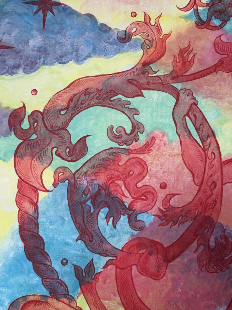 Luna, detail: the red grotesque scroll coiling across the clouds