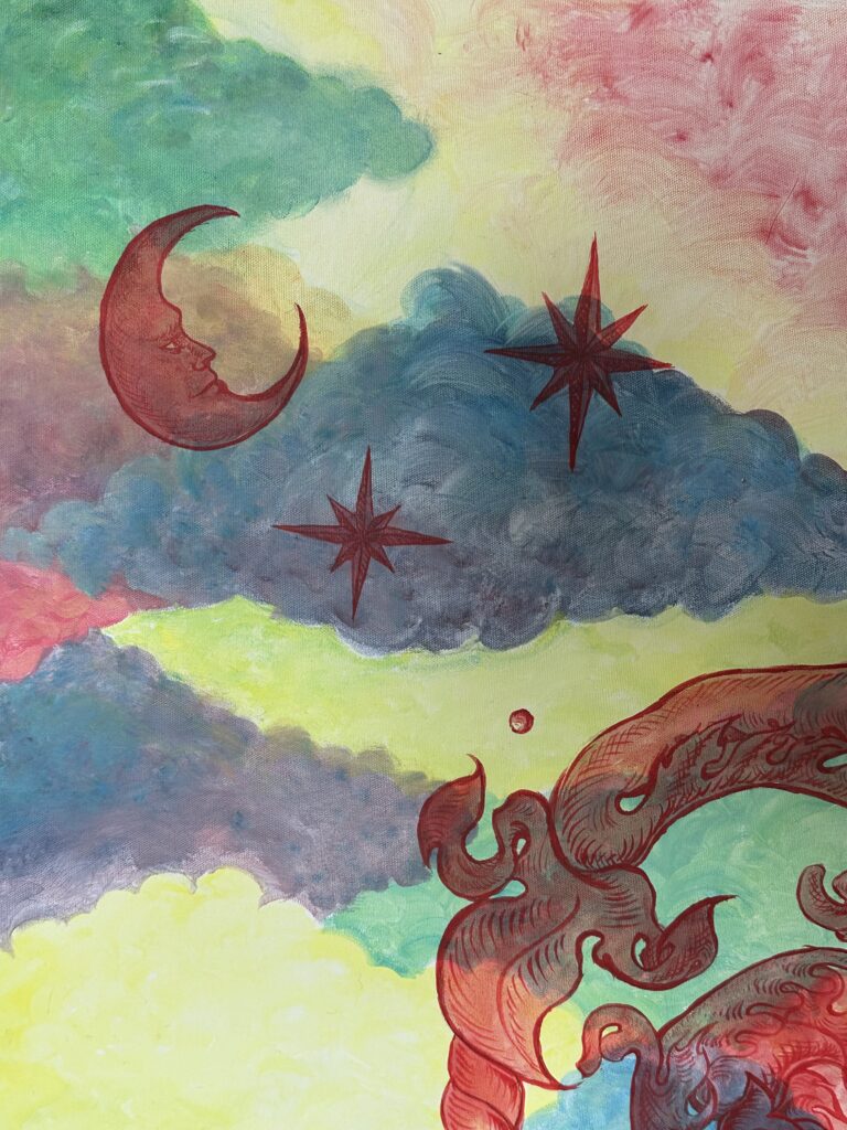 Luna, detail: crescent moon and two stars among the clouds